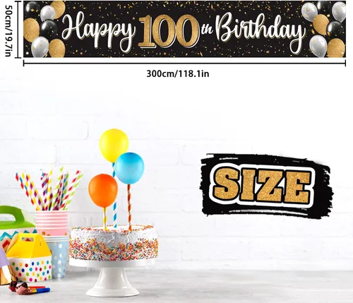 Miniatura 2 de Decoración de feliz cumpleaños número 100, globo negro y dorado número 100, cartel grande de telón de fondo de cumpleaños, decoración de fiesta