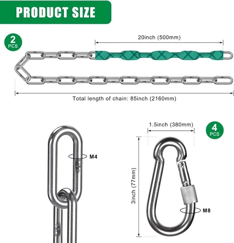 Miniatura 6 de SELEWARE 2 cadenas de columpio resistentes de 85 pulgadas, cadenas colgantes de acero inoxidable de capacidad de 1000 libras con 4 mosquetones, kit