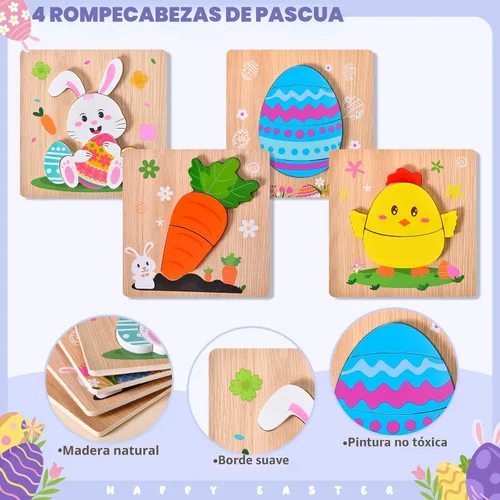 Miniatura 4 de Paquete de 4 rompecabezas de madera de Pascua para niños y niñas pequeños, rompecabezas de juguetes para cestas de Pascua, regalos de fiesta