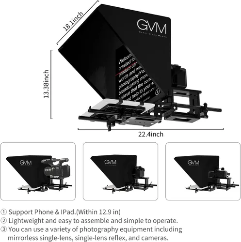 Miniatura 3 de GVM Teleprompters para iPad Tablet DSLR Cámara portátil de 18 pulgadas con control remoto y aplicación, construcciones de aluminio sólido