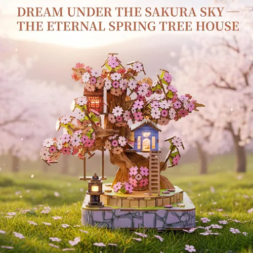 Miniatura 4 de Sakura Tree House Kit de casa en miniatura para adultos, rompecabezas de madera 3D con luz, juego de construcción de flor de cerezo japonés