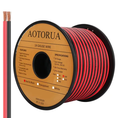 100 pies 14/2 calibre Cable de conexión eléctrico rojo negro, cable de 14 AWG de 2 conductores y 2 colores, cable paralelo flexible con conector
