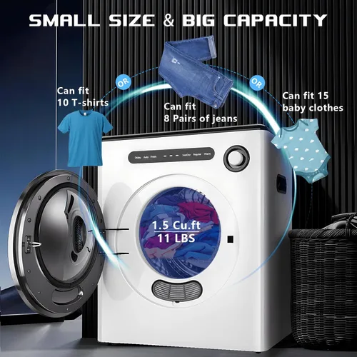 Miniatura 6 de Secadora de ropa portátil de 110 V y 970 W, capacidad de 11 libras, compacta, para espacios pequeños, casas rodantes y apartamentos silenciosos