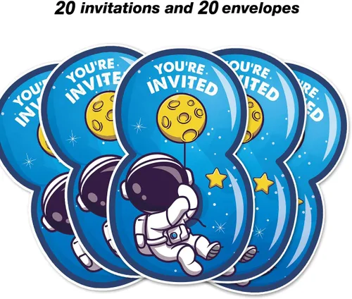 Miniatura 3 de Outer Space - Invitaciones para fiesta de 8º cumpleaños con sobres, juego de 20 tarjetas de invitaciones con forma de astronauta de ocho formas