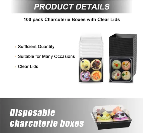 Miniatura 5 de Paquete de 100 cajas de charcutería con tapas transparentes y seguras, 5.3 x 4.9 x 2.5 pulgadas, cuadrados negros, contenedores desechables
