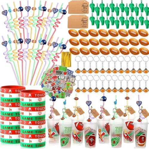 Miniatura 8 de Weysat Juego de 268 piezas de recuerdos de fiesta de fútbol para 24 personas, regalos de cumpleaños, tazas de golosinas con pajitas, llaveros