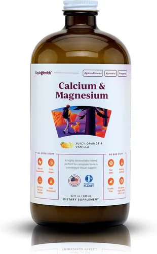 LIQUIDHEALTH Suplemento líquido de calcio y magnesio de 32 onzas líquidas para articulaciones y huesos, citrato vegetariano natural sin OMG,