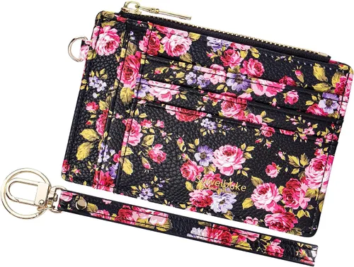 Miniatura 16 de Cartera delgada para mujer con bloqueo RFID para tarjetas de crédito, porta tarjetas tipo pulsera con cremallera para identificación, cartera