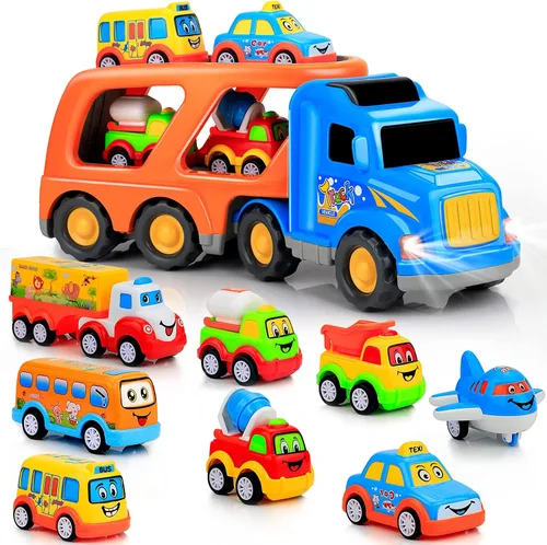 Forty4 Paquete de 9 autos de juguetes para niños y niñas de 2, 3, 4, 5 años, camión de transporte grande con 8 pequeños camiones de tracción y