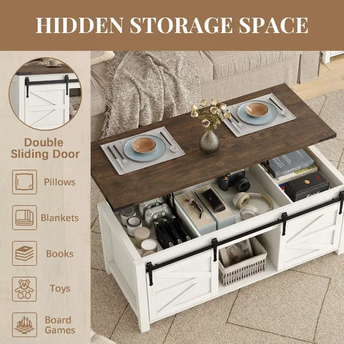 Miniatura 5 de Furnihold Mesa auxiliar de 47.3 pulgadas con almacenamiento, mesa de centro de madera de granja con parte superior elevable, puertas corredizas