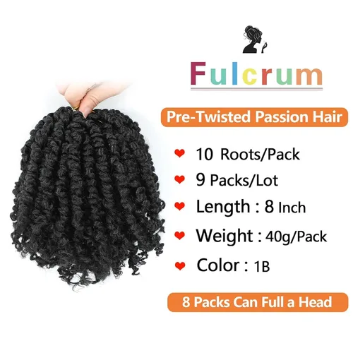 Miniatura 2 de Fulcrum Pelo de ganchillo Passion Twist de 8 pulgadas, 9 paquetes de cabello pretrenzado y prerrizado para mujeres negras (8 pulgadas