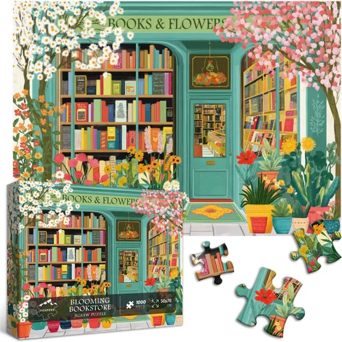 Miniatura 2 de PICKFORU Rompecabezas de Libro 1000 Piezas, Rompecabezas de Flores de Primavera para Adultos de Librería, Rompecabezas de Estantería en Flor como