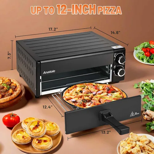 Miniatura 2 de Anatole Horno de pizza eléctrico de 12" y 1800W para interiores, en encimera, para hacer pizza, con tiempo y temperatura ajustables