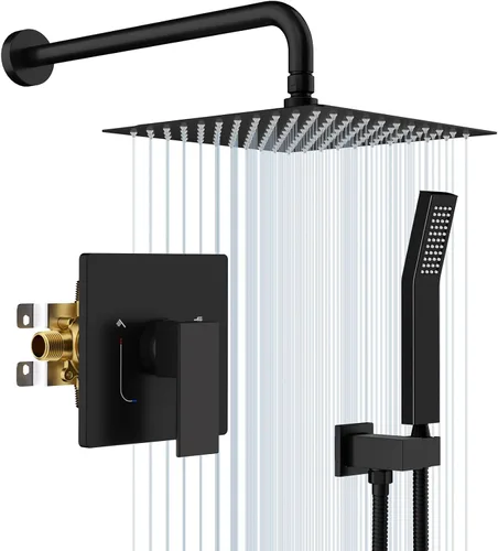 Miniatura 22 de Juegos de sistema de grifería de ducha negros: EMBATHER Juego combinado de ducha con cabezal de lluvia superior de 10 pulgadas con ducha de mano