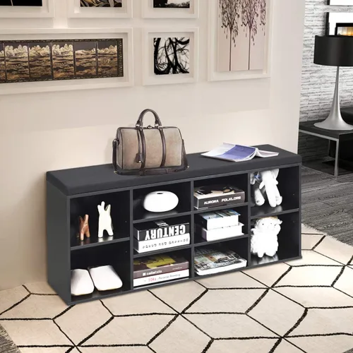 Miniatura 2 de KOTEK Banco de zapatos de madera con cojín, zapatero de 10 cubos con estantes ajustables, organizador de almacenamiento de zapatos para sala