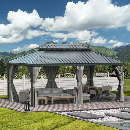 Miniatura 12 de Domi - Cenador para exteriores de 10 x 12 pies, kiosco de techo rígido con marco de aluminio, cenador de pabellón resistente para patio, terraza