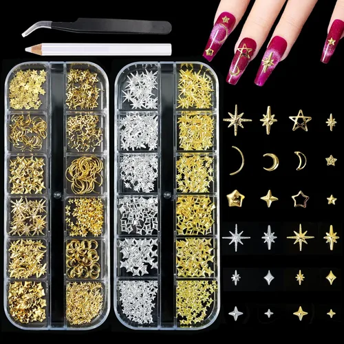 Miniatura 13 de 6 cajas de dijes de uñas 3D dorados, dijes de arte de uñas con parte trasera plana, joyas de diamantes de imitación para uñas, gemas de uñas