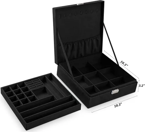 Miniatura 4 de QBeel - Cajas de joyería negras para mujeres hombres y niñas organizador de joyas de 2 capas con candado organizador grande de almacenamiento
