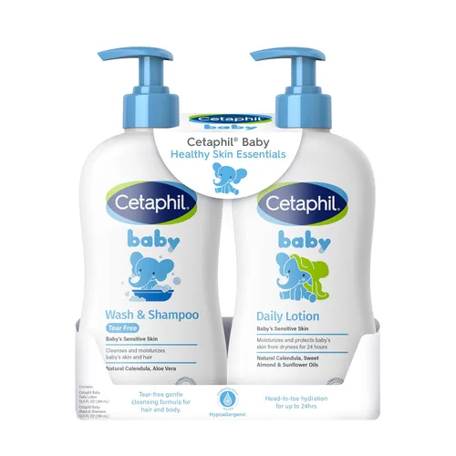 Cetaphil Baby Wash & Shampoo Plus Loción corporal, esenciales para la piel saludable, hidratación de la cabeza a los pies hasta 24 horas, para piel