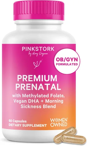 Pink Stork Premium Prenatal: vitaminas prenatales naturales + ingredientes orgánicos de alimentos integrales + folato + vitamina A + vitamina C +