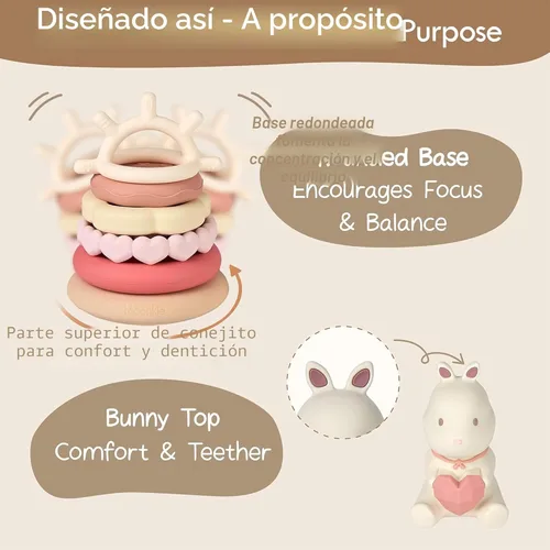 Miniatura 8 de Juguetes de apilar de Moonkie con forma de conejito para bebé Anillos de silicona de 7 piezas para alivio de la dentición Juguete educativo