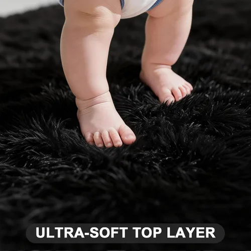 Miniatura 3 de Alfombra negra lanuda para sala de estar o dormitorio, ultra suave y esponjosa, alfombra peluda de 4 x 6 pies, alfombra de noche de felpa