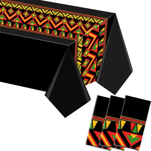 Miniatura 8 de Kinlop 3 manteles Kente de 108 x 51 pulgadas, manteles desechables de plástico para la independencia afroamericana, celebrar la libertad, historia