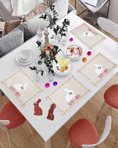 Miniatura 3 de Juego de 4 manteles individuales con diseño de conejo de Pascua para decoración de mesa de Pascua, huevos de Pascua para bodas, fiestas, cocina