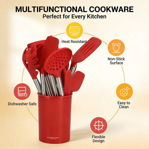 Miniatura 5 de Juego de utensilios de cocina de silicona de 15 piezas con asas de acero inoxidable, espátulas de cocina y cucharas, calor, silicona antiadherente