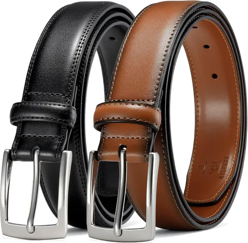 Miniatura 14 de MILORDE Cinturón de vestir de cuero para hombre, 2 unidades, hecho a mano, cuero genuino, diseños clásicos y modernos para el trabajo, negocios
