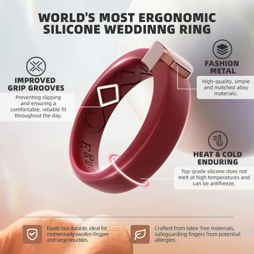 Miniatura 62 de Egnaro - Anillo de boda de silicona para mujer, diseño ergonómico y transpirable, ancho de 0.15 pulgadas, bandas de silicona flexibles con placa