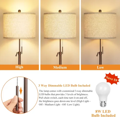 Miniatura 3 de Qingmiao Lámpara de pie de metal marrón para sala de estar, lámpara de pie de altura ajustable, luz de poste para dormitorio, con pantalla de lino