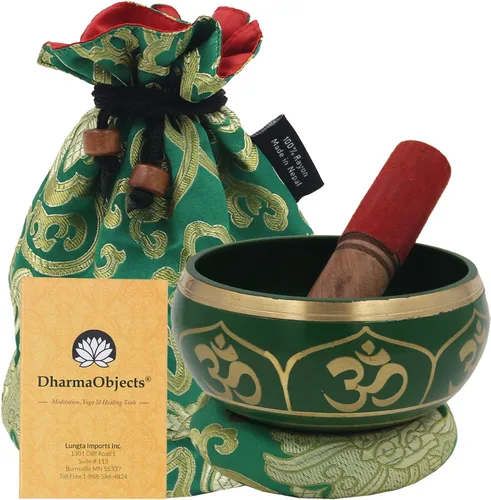 Miniatura 7 de DharmaObjects Mediano ~ Juego de cuencos cantantes hindú OM ~ con mazo, cojín de brocado y bolsa de transporte ~ para meditación, curación