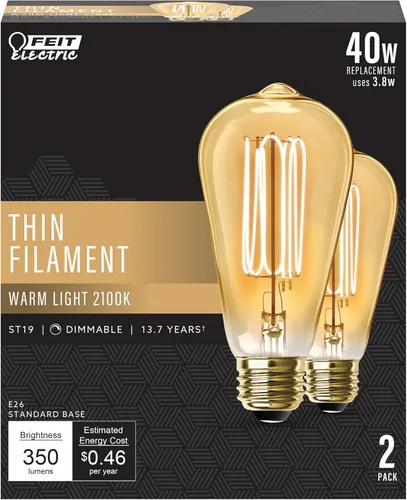 Feit Electric ST19 Bombilla LED Edison vintage, equivalente a 40 W, regulable, luz cálida 2100, base E26, bombillas de iluminación de filamento fino