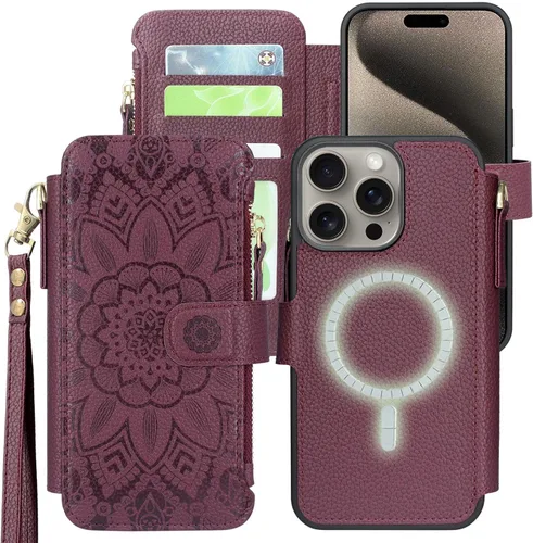 Miniatura 8 de Harryshell Funda compatible con iPhone 15 Pro con carga inalámbrica MagSafe con 3 ranuras para tarjetas, bolsillo con cremallera, bolsillo