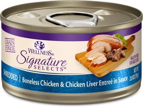 Wellness CORE Signature Selects - Alimento húmedo enlatado triturado para gatos adultos, natural, rico en proteínas, sin granos, receta de entrada