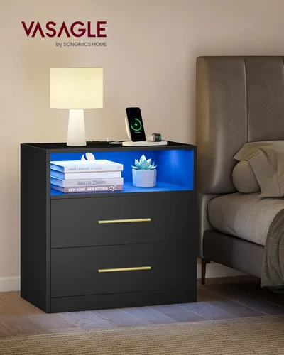 Miniatura 3 de VASAGLE Custos Collection - Mesita de noche de 23.6 pulgadas de ancho con estación de carga, luces LED, moderna mesita de noche, mesa auxiliar Negro
