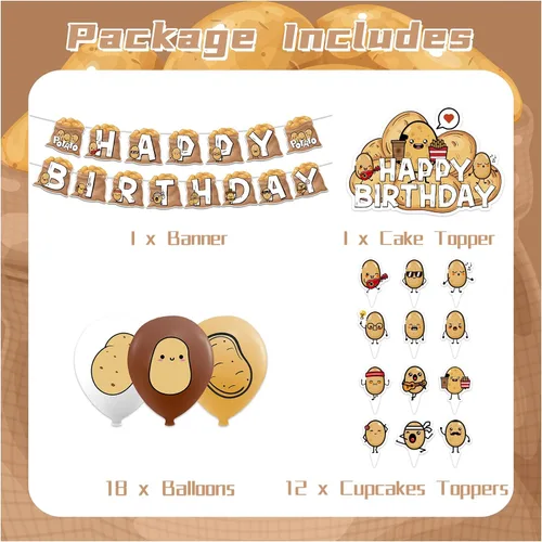 Miniatura 2 de Suministros para fiestas de papas – Decoraciones de cumpleaños de dibujos animados que incluyen pancarta feliz, decoración de pastel, decoración