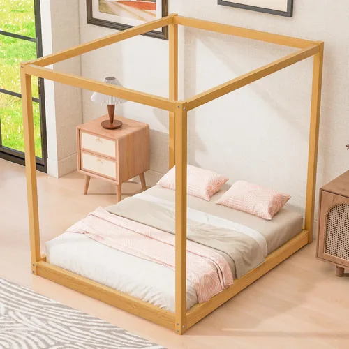 Miniatura 7 de Cama con dosel de metal, con plataforma de 4 postes de Coner con cabecera entrecruzada y estribo, tamaño Queen