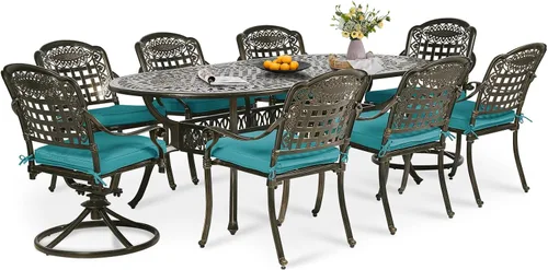 Miniatura 31 de Juego de comedor de patio de 9 piezas, mesa y sillas de patio al aire libre, mesa de comedor ovalada de aluminio fundido de 84 pulgadas con agujero