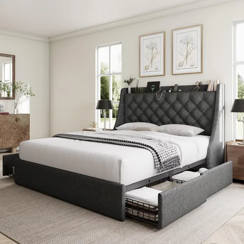 Miniatura 15 de GalnFu Marco de cama de tamaño completo con 4 cajones de almacenamiento, cabecera tapizada grande tipo wingback, estación de carga rápida,