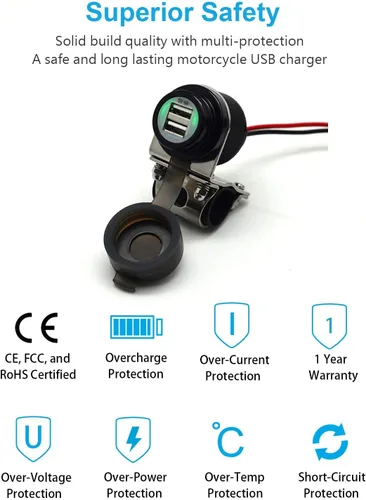 Miniatura 2 de Cliff Top Cargador USB para motocicleta, impermeable, doble puerto USB 4A, 20 W, aluminio, con interruptor de alimentación magnético, resistente