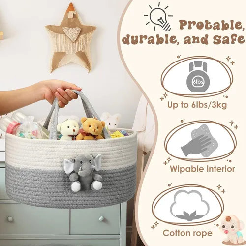 Miniatura 3 de FoldTier Organizador de pañales de elefante, carrito de almacenamiento para guardería, con asa, cesta de baby shower, regalo de baño de bebé