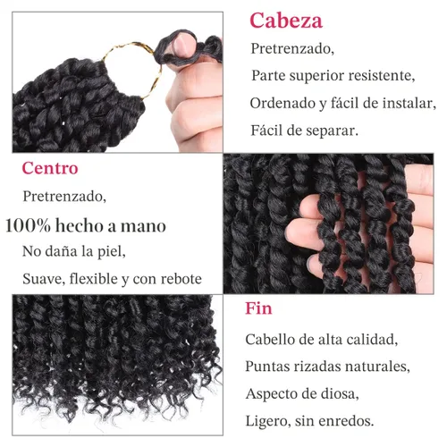 Miniatura 4 de Leeven Paquete de 8 paquetes de cabello de ganchillo pret wisted Passion Twist de 10 pulgadas, color negro natural, extensiones de cabello corto