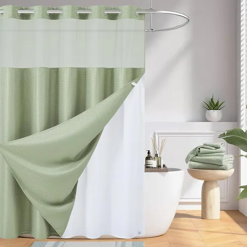 Miniatura 14 de Furlinic - Cortina de ducha para cabina sin ganchos con forro a presión, cortinas de baño de tejido gofre impermeables con ventana superior Beige