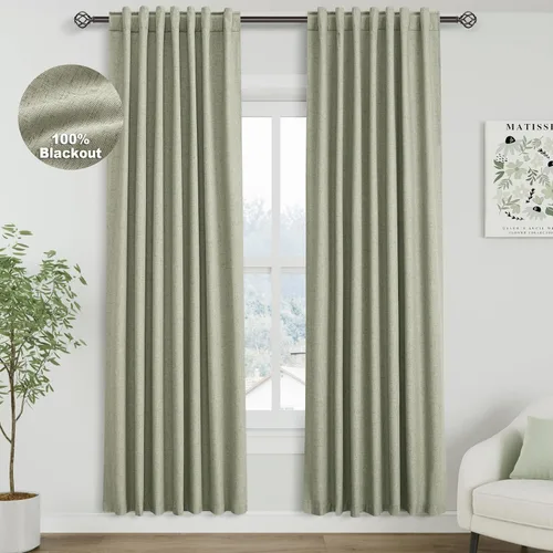 Miniatura 29 de Cortinas de lino 100% opacas para dormitorio, 102 pulgadas de largo, con pestaña trasera, bolsillo para barra, paneles acústicos con aislamiento