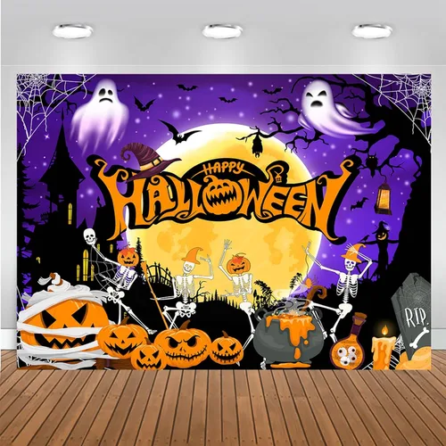 Miniatura 11 de Mocsick - Telón de fondo de Halloween para fotografía, noche naranja, luna, decoración de fiesta de Halloween, truco o trato, calavera, calabaza