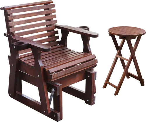 Miniatura 9 de Silla planeadora para exteriores, juego de muebles de patio de madera de 2 plazas con mesa, portavasos, respaldo alto y asiento contorneado Blanco