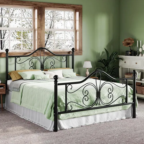 Miniatura 3 de Allewie Base de cama de tamaño matrimonial con cabecero, marco de cama de metal con cabecero y estribo de diseño de mariposa, no necesita somier