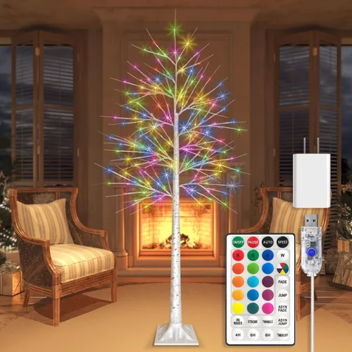 Árbol de abedul con luz LED de 6 pies, árbol de abedul colorido con luces RGBW para decoración de temporada de Navidad, decoración de temporada de